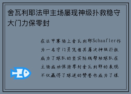 舍瓦利耶法甲主场屡现神级扑救稳守大门力保零封 舍瓦利耶法甲主场屡现神级扑救稳守大门力保零封