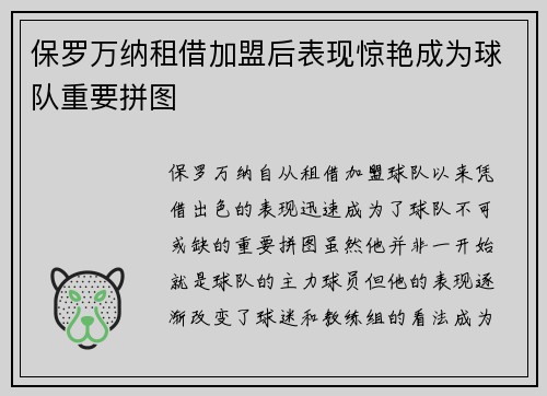 保罗万纳租借加盟后表现惊艳成为球队重要拼图 保罗万纳租借加盟后表现惊艳成为球队重要拼图